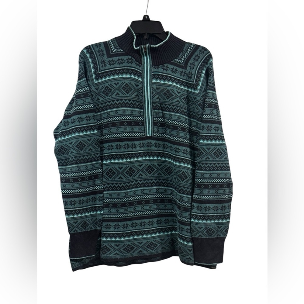Women’s Eddie Bauer Fair Isle Half Zip Blue & Green Knit Pullover Sweater: XL